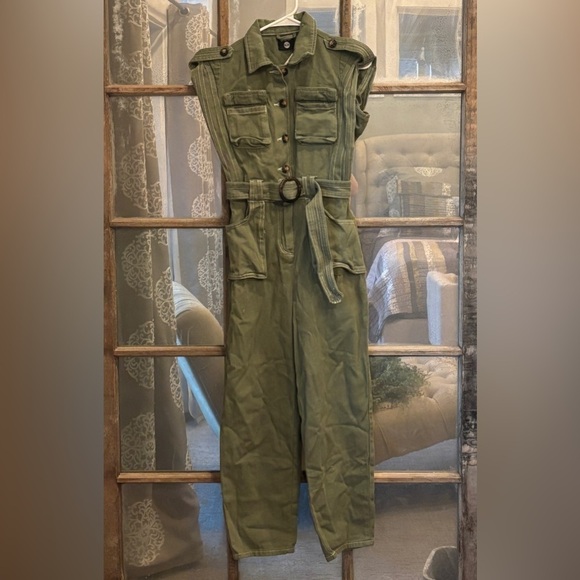 Blue Pants - Boohoo Contrast Stitch Utility Khaki Denim Jumpsuit - Size US 4